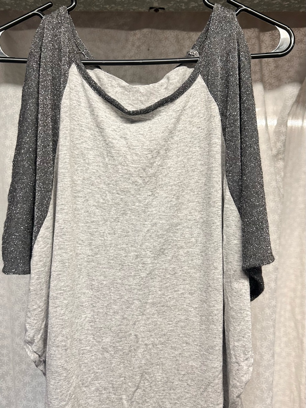 Women's Light Gray Raglan Long Sleeve Top with Sparkle Sleeves